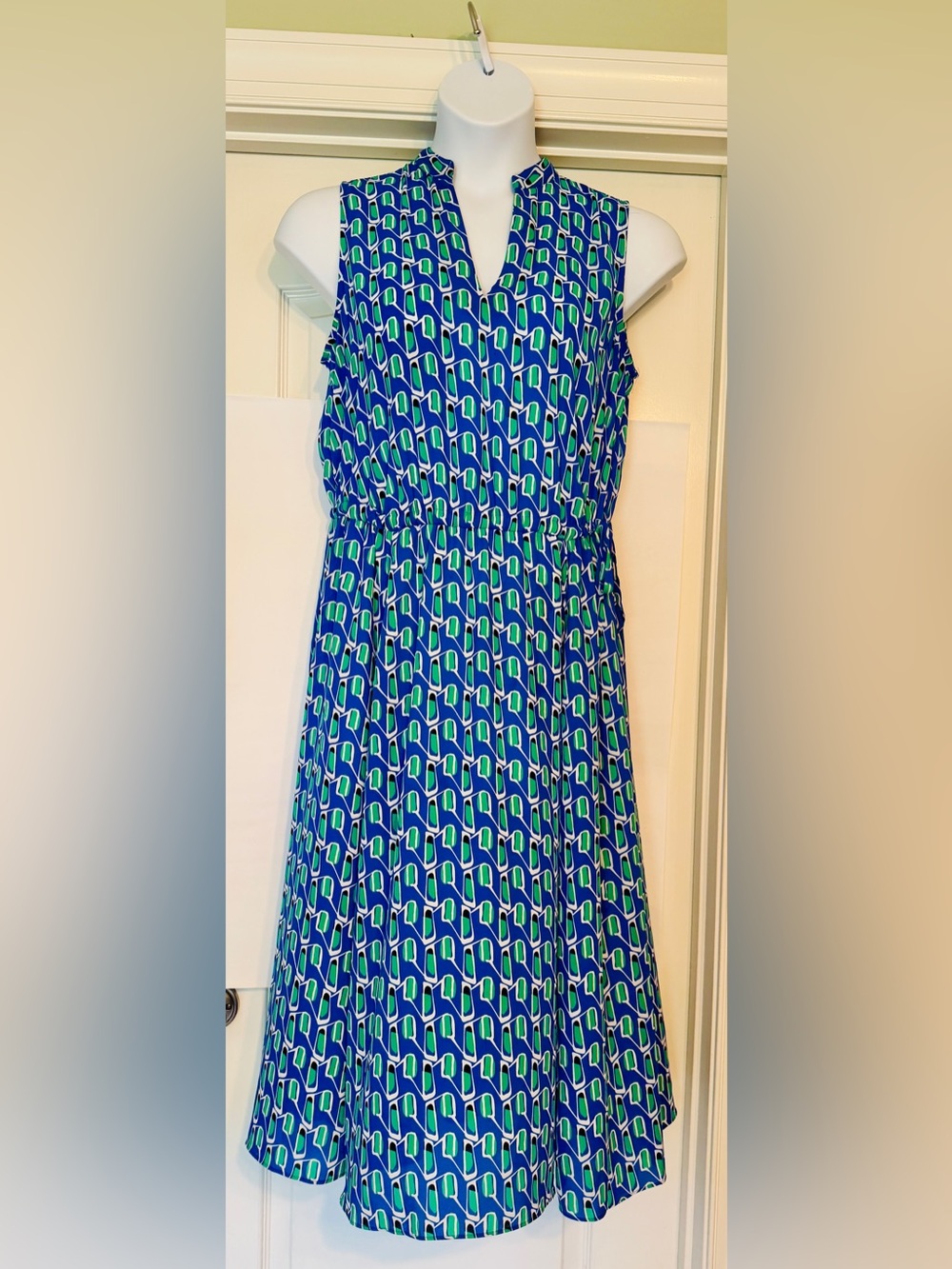 Anne Klein Blue & Green Geometric Sleeveless Midi Dress